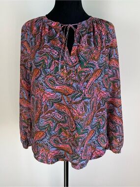 J. Crew Silk and Cotton Blend Whimsy Paisley Tie-Neck Blouse in Pink & Purple